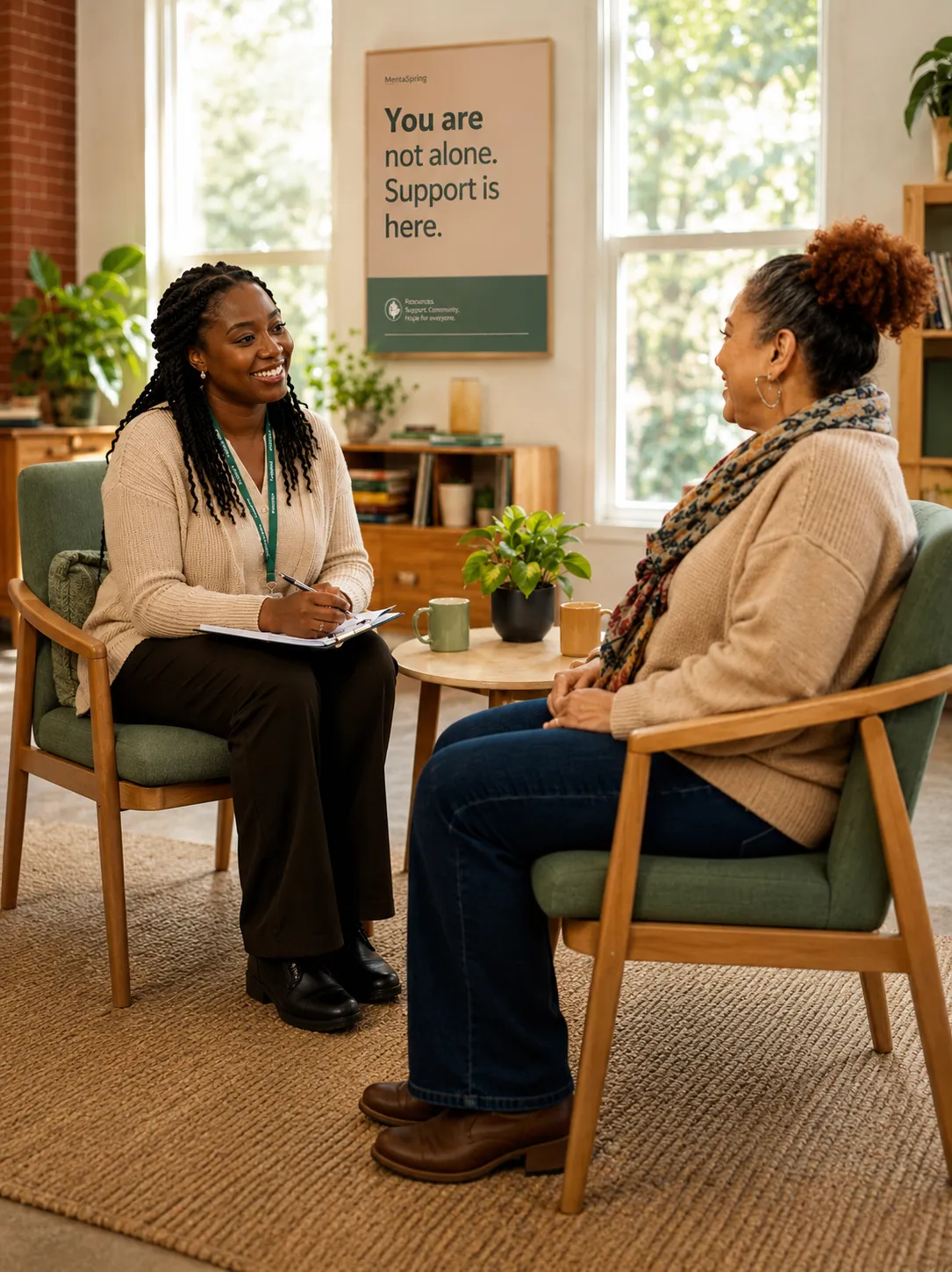 A smiling woman taking notes while talking with another woman in a sunlit room, beside a poster reading 'You are not alone. Support is here.'