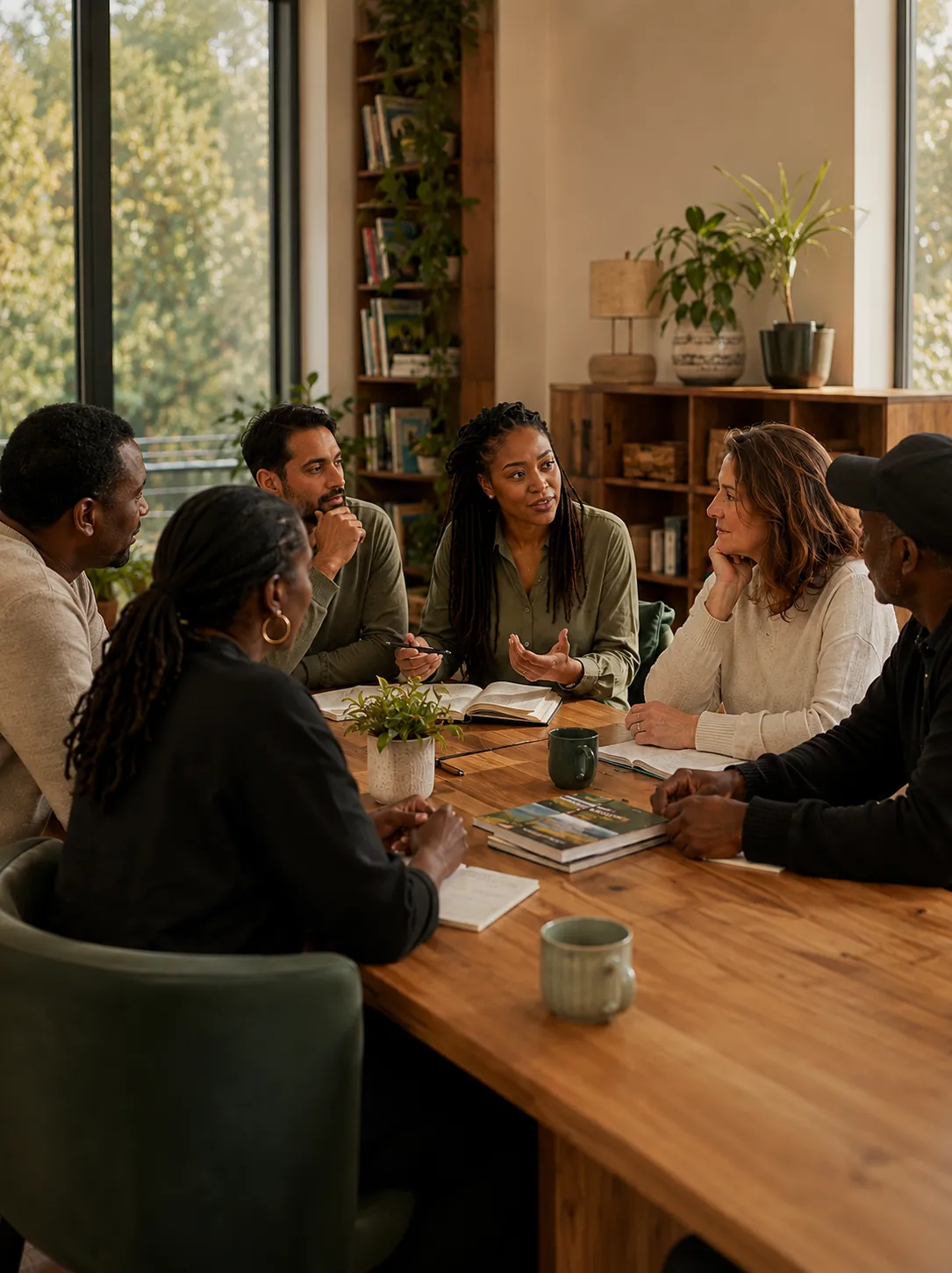 Six adults in conversation around a wooden table, with open notebooks and mugs in front of them